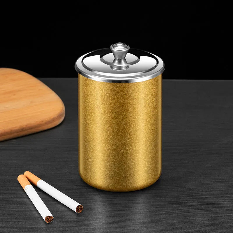 Stainless steel fly ash ashtray with cover in choice of colours, shown with funnel and smoke button.