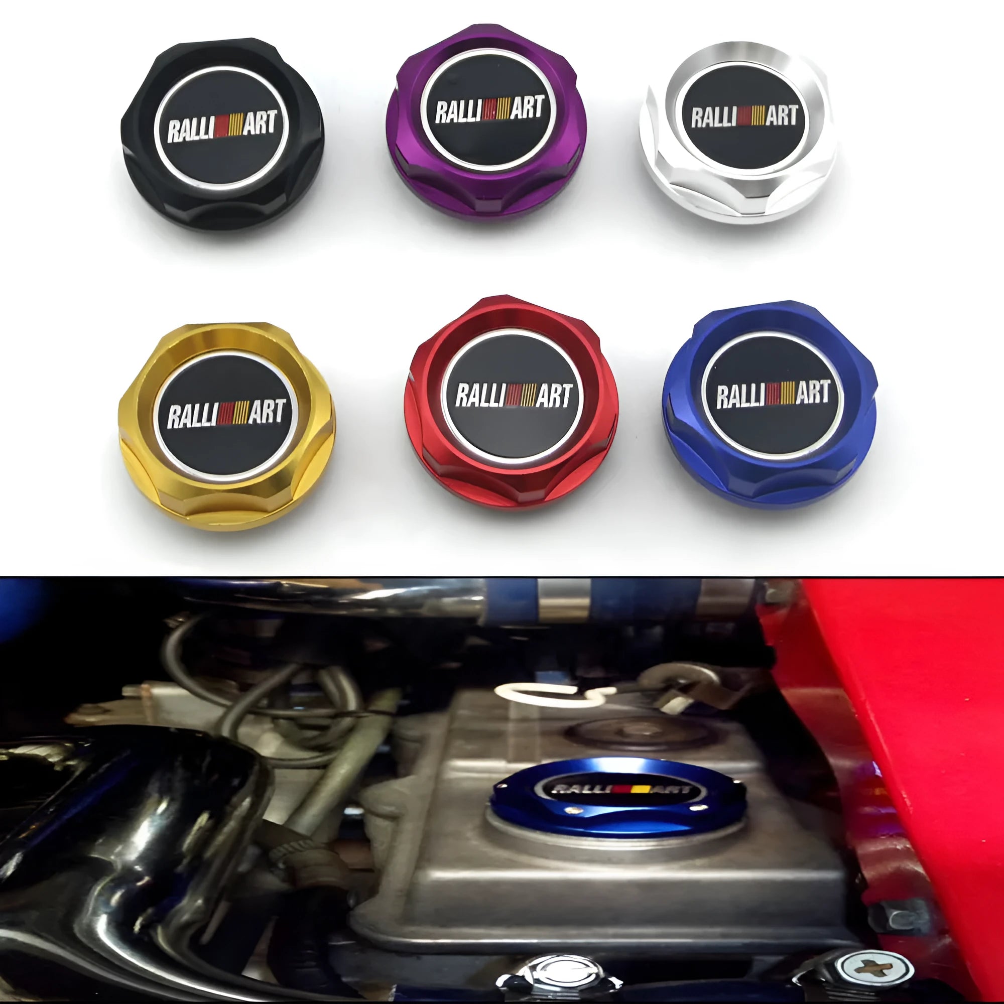 Aluminium alloy oil filter cap for car modification, shown in available colours: red, blue, gold, silver, black, purple.