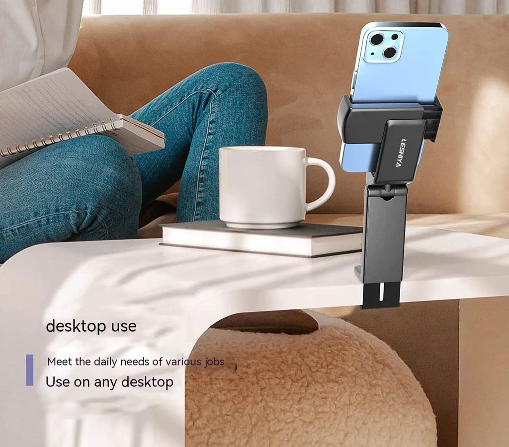 Foldable rotating phone holder in black grey and green colours showing adjustable viewing angles
