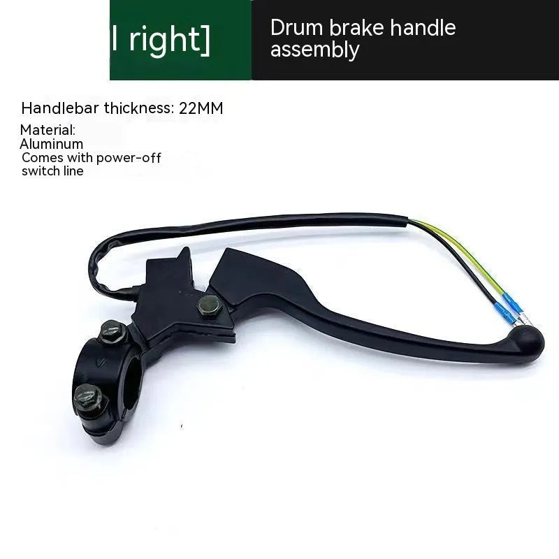 Aluminium alloy brake handle assembly with power off switch wiring, showing 22mm thickness