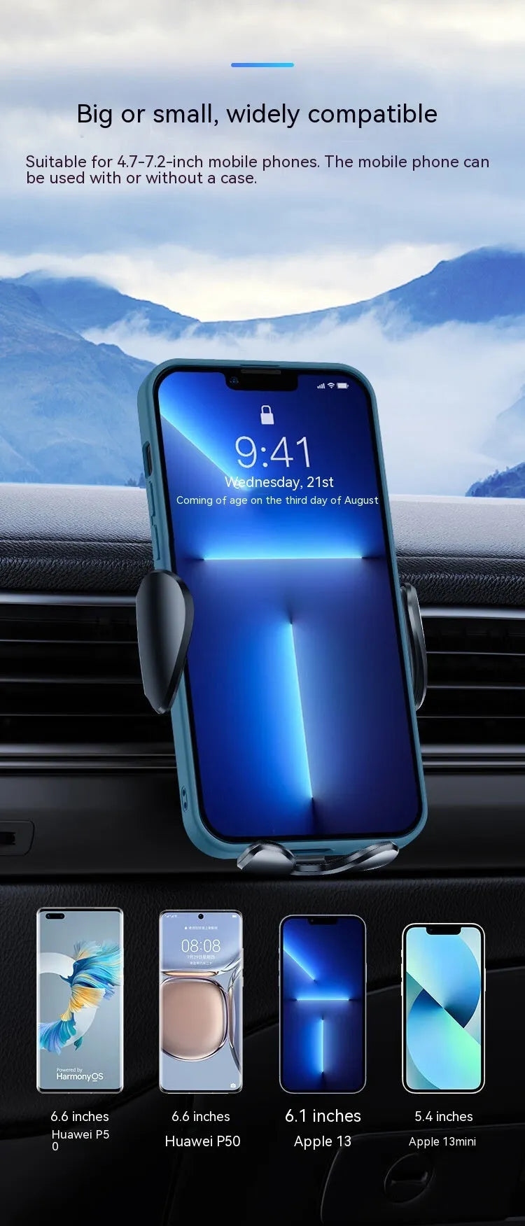 Black car mobile phone bracket mounted on car air vent for hands-free use
