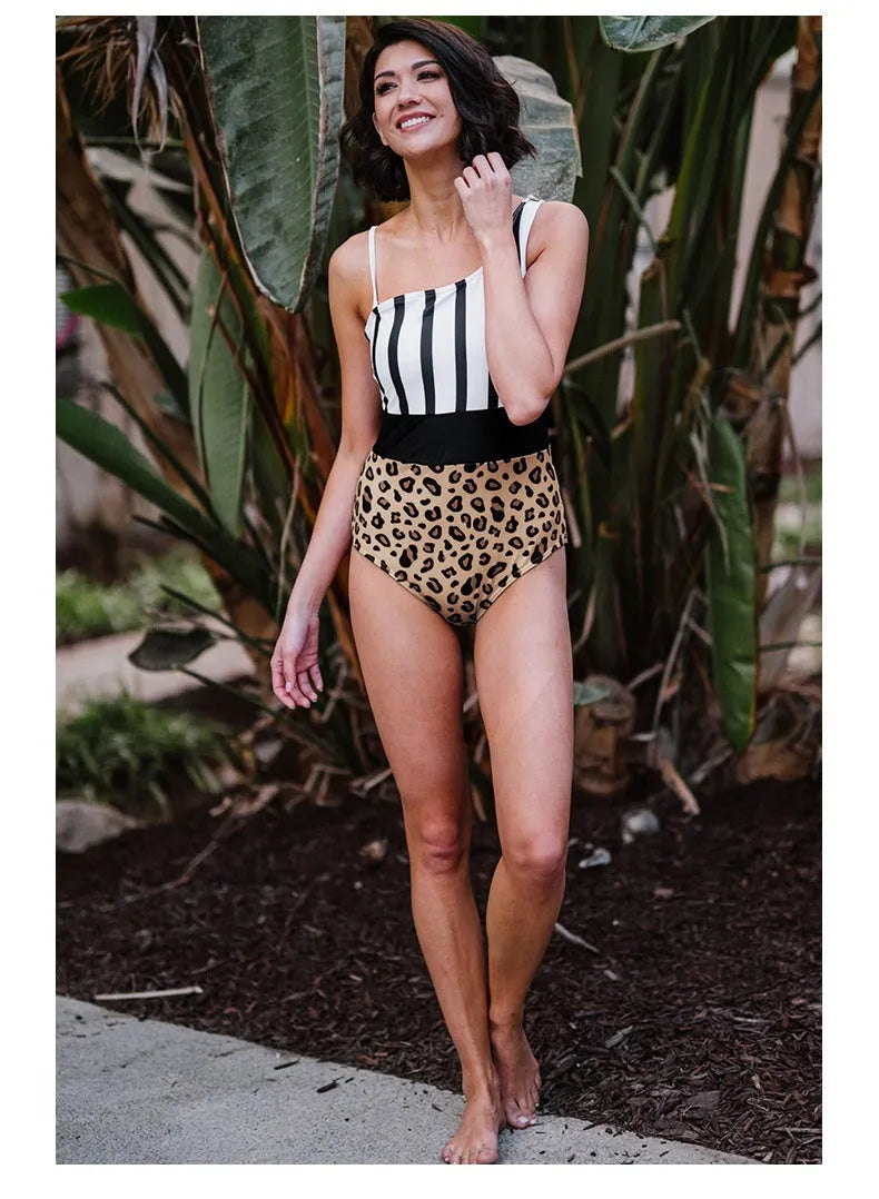 Women's leopard print one-piece swimsuit with asymmetrical collar and high-waist design
