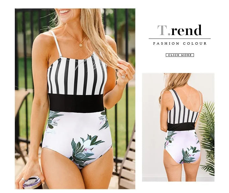 Women's leopard print one-piece swimsuit with asymmetrical collar and high-waist design