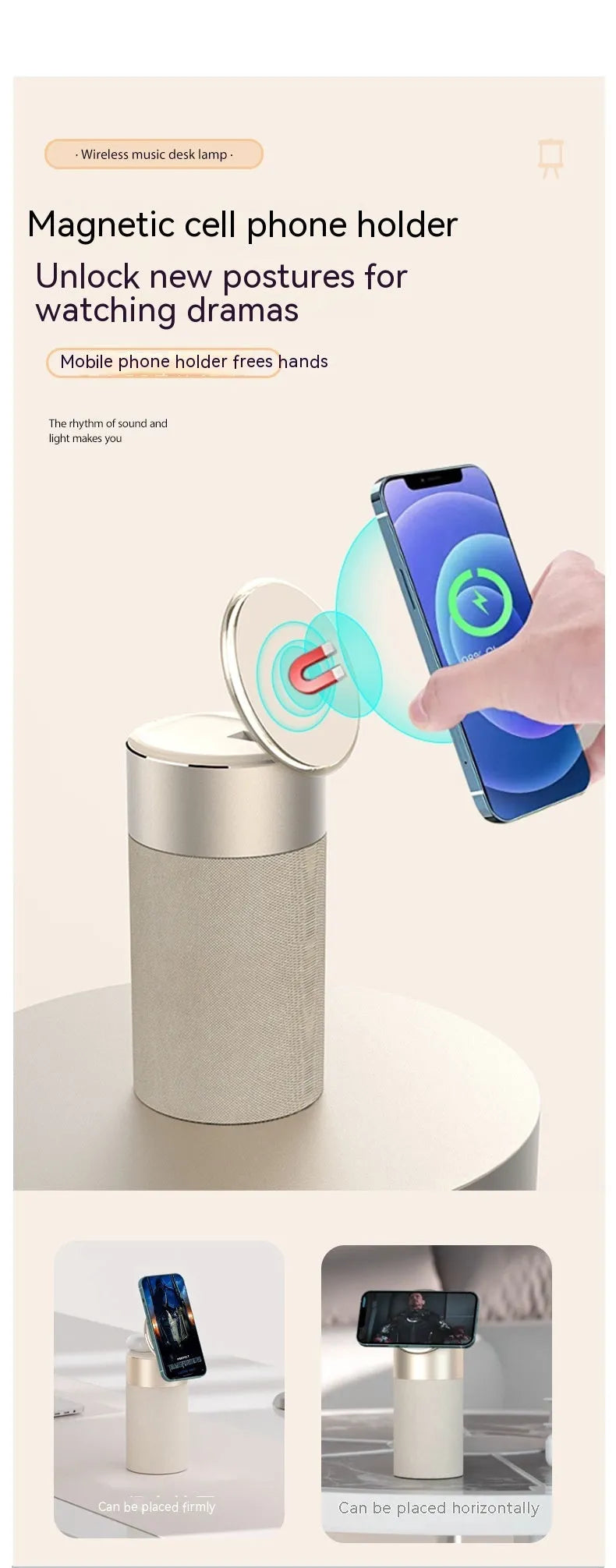 Magnetic wireless charger for earphone and cellphone in beige with button operation, on a desk