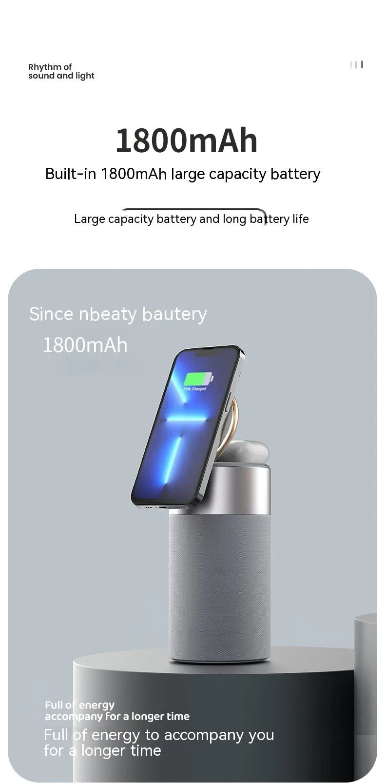 Magnetic wireless charger for earphone and cellphone in beige with button operation, on a desk