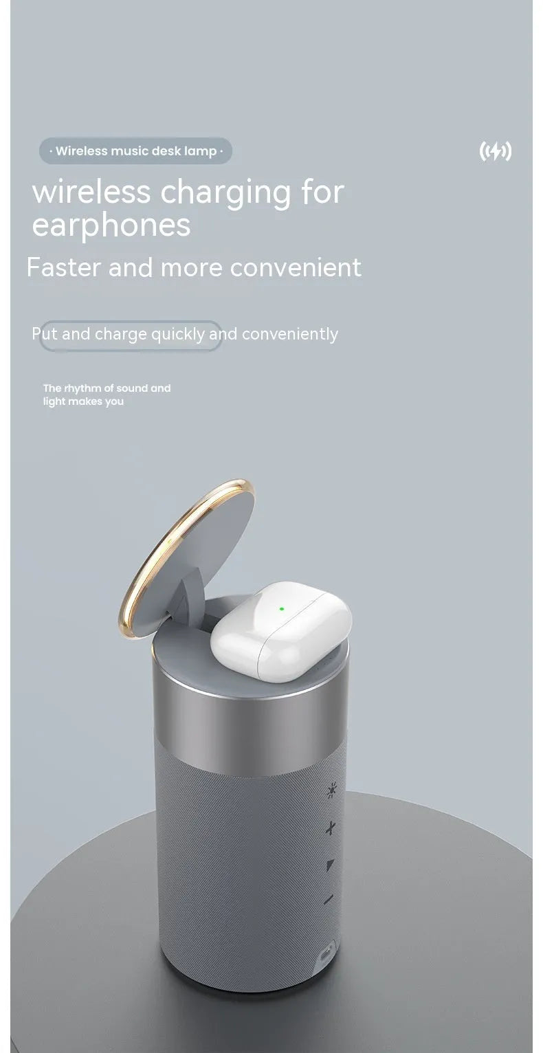 Magnetic wireless charger for earphone and cellphone in beige with button operation, on a desk