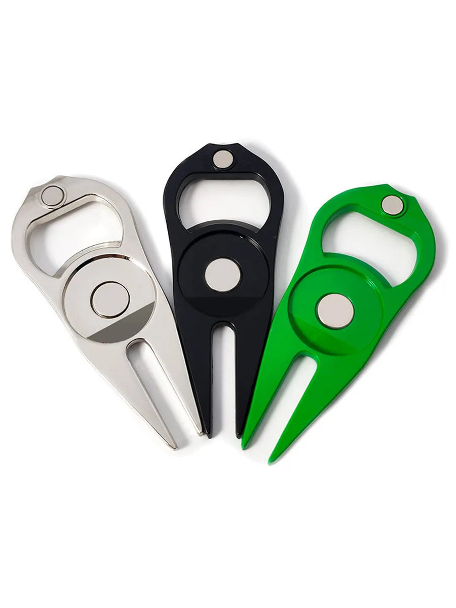 Zinc alloy golf ball yoke bottle opener tool with 88x35mm dimensions in black, green or silver colours