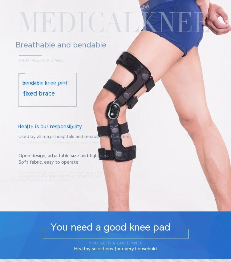 Black anterior ligament knee pad with reinforced straps shown in various size options