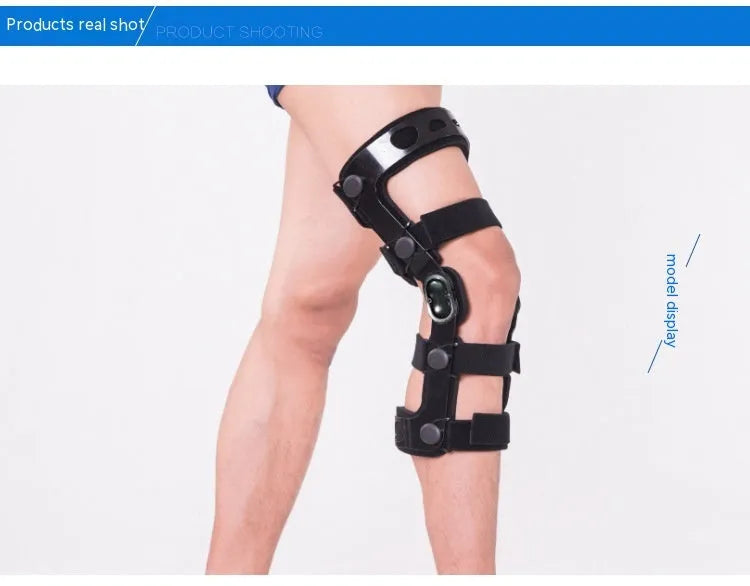Black anterior ligament knee pad with reinforced straps shown in various size options