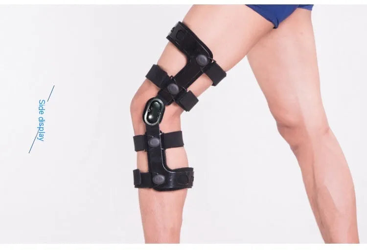 Black anterior ligament knee pad with reinforced straps shown in various size options