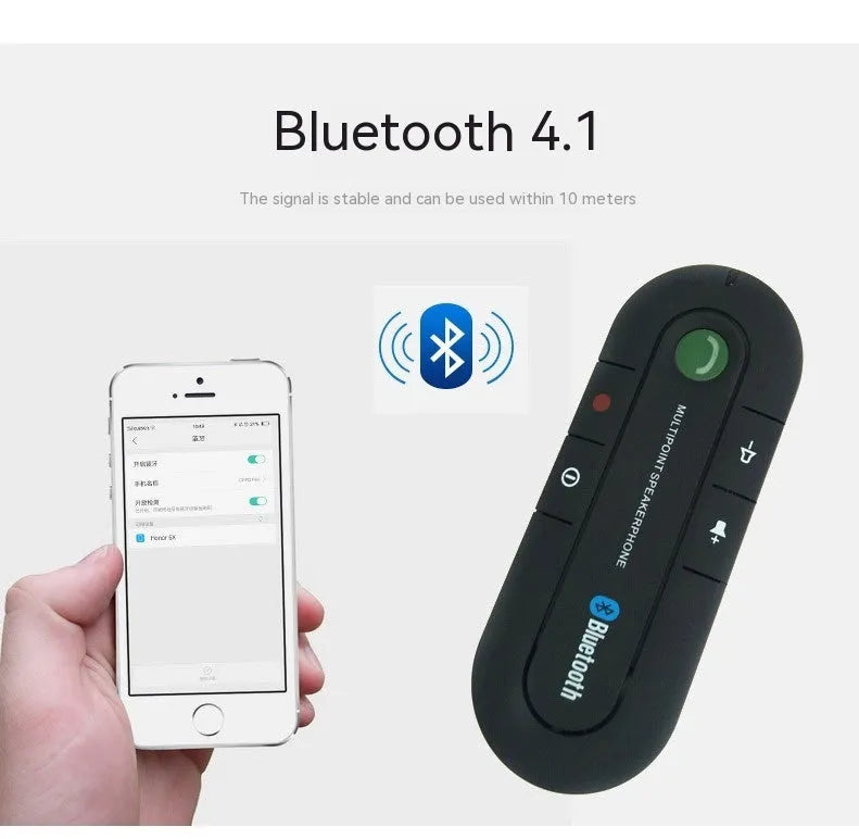 Black car Bluetooth handsfree kit clipped to a sun visor, showing the speaker grille and included car charger.