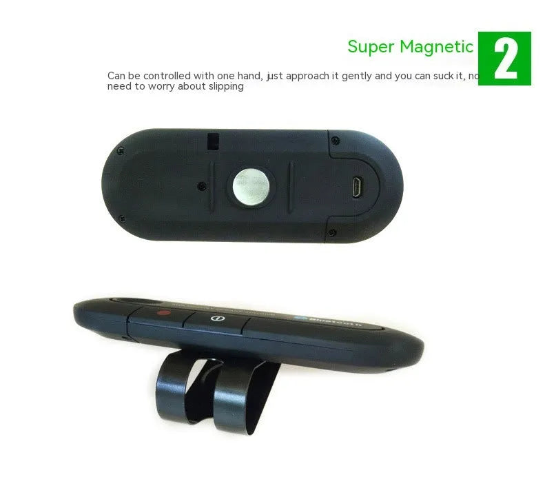 Black car Bluetooth handsfree kit clipped to a sun visor, showing the speaker grille and included car charger.