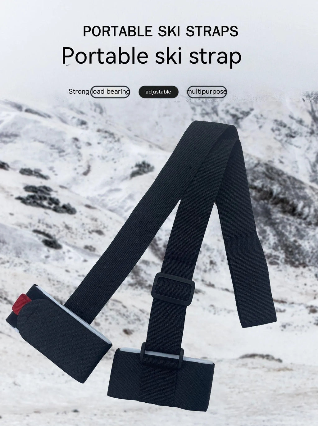 Adjustable skiing bandage with shoulder strap and hook and loop closures for ski carrying