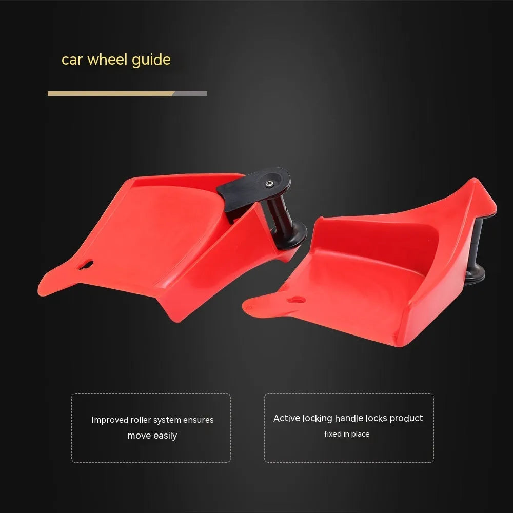 Four red plastic triangular car parking blocks with non-slip rubber surfaces for tyre security