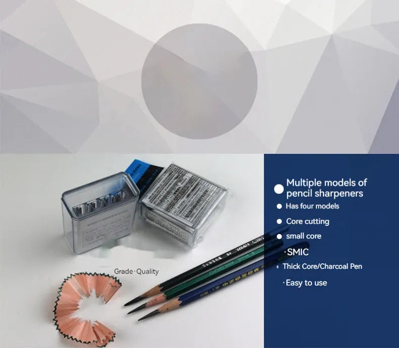 Four hole geometric pencil sharpener with plastic construction and maintenance screwdriver
