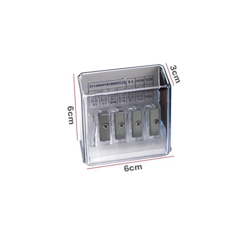 Four hole geometric pencil sharpener with plastic construction and maintenance screwdriver