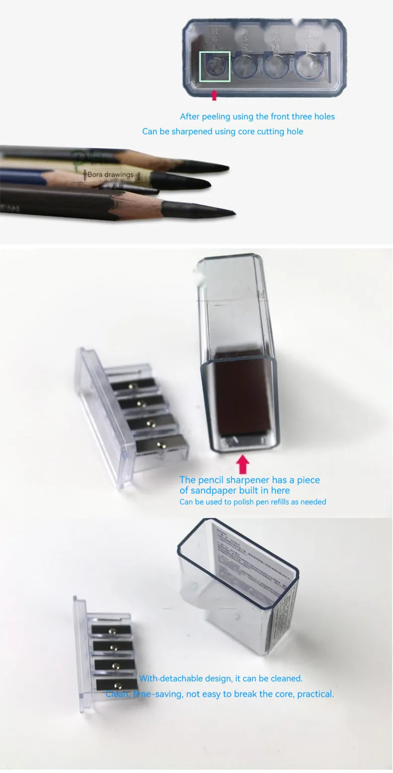 Four hole geometric pencil sharpener with plastic construction and maintenance screwdriver