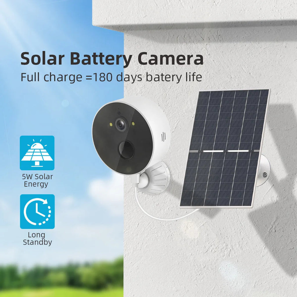 Outdoor solar-powered security camera and separate solar panel on a white background.