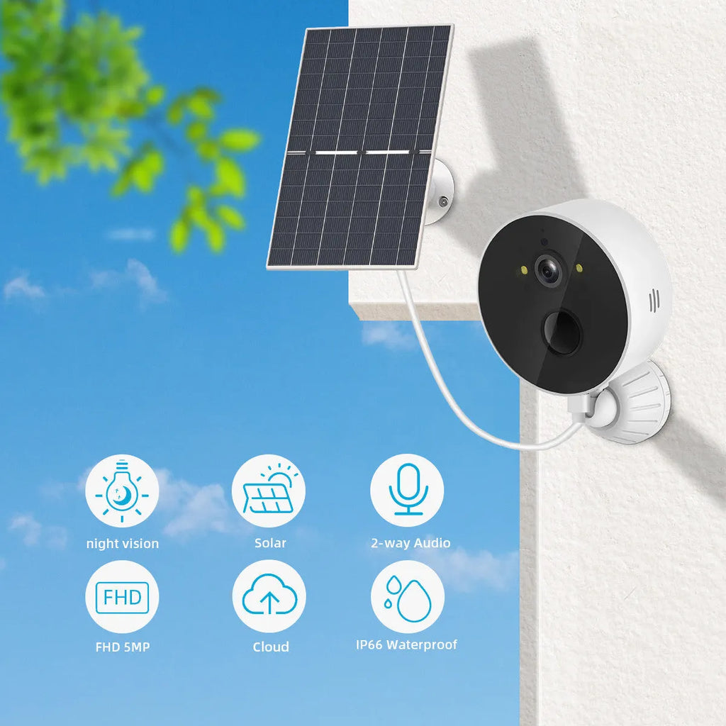 Outdoor solar-powered security camera and separate solar panel on a white background.