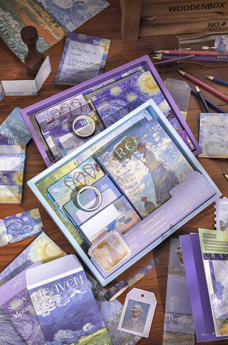 A6 grid creative journal gift box with retro plaid design showing notebook, cards, paper frames, stickers, and stationery accessories