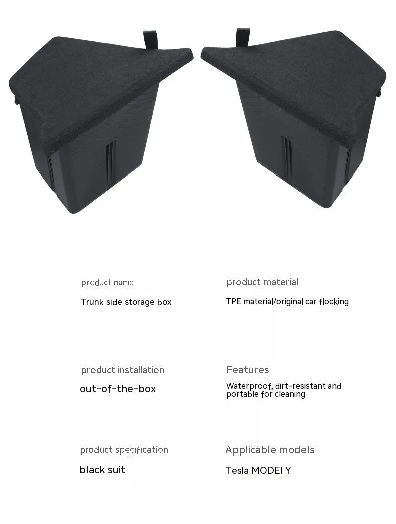 Tesla Model Y and Model 3 trunk side storage box cover accessories in multiple style options
