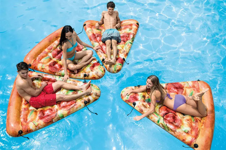 Large inflatable pizza-themed surfboard float for pools and beaches