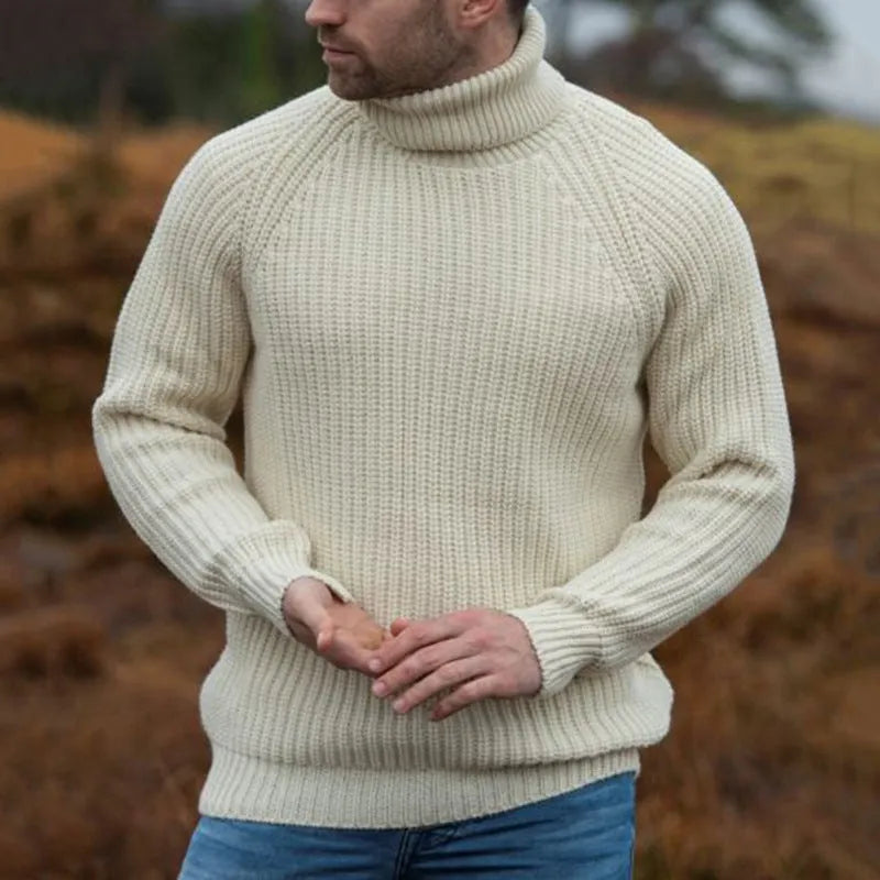 Beige turtleneck sweater with long sleeves and loose pullover fit, sizes M to XXXL