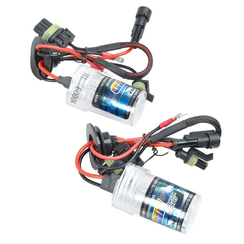 HID xenon automotive headlight bulb kit showing 4300K, 6000K, and 8000K colour temperature options
