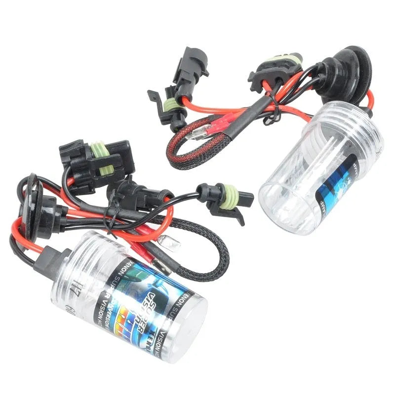 HID xenon automotive headlight bulb kit showing 4300K, 6000K, and 8000K colour temperature options