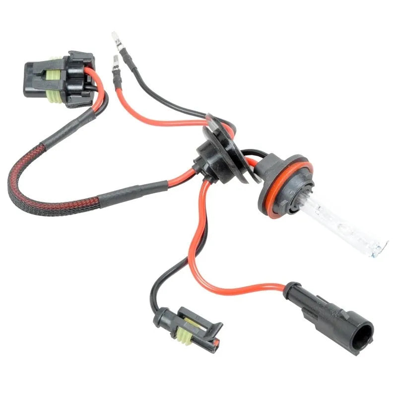 HID xenon automotive headlight bulb kit showing 4300K, 6000K, and 8000K colour temperature options