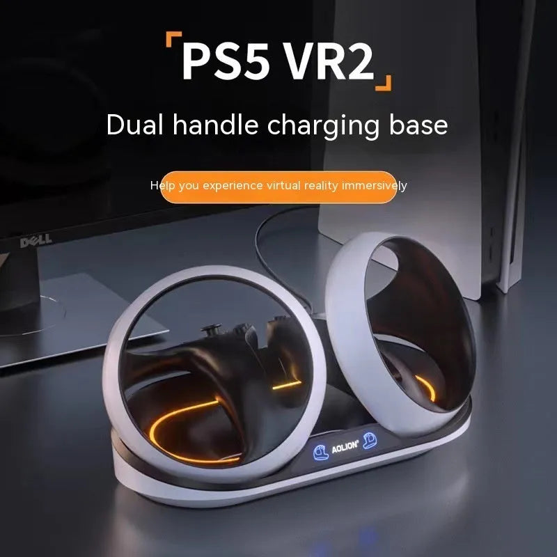 PS5 VR2 handle charging base with magnetic suction heads and Type C cable on desk
