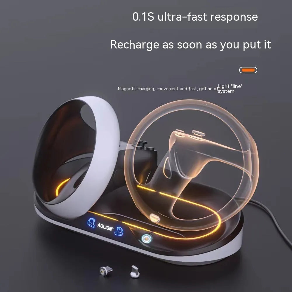 PS5 VR2 handle charging base with magnetic suction heads and Type C cable on desk