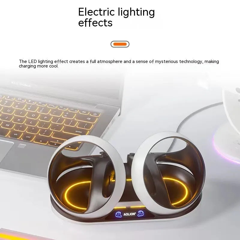 PS5 VR2 handle charging base with magnetic suction heads and Type C cable on desk