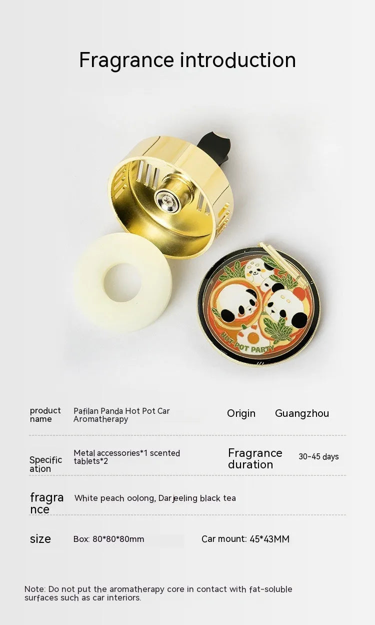 Panda hot pot design car air freshener with clip-on vent mount and diatomaceous earth fragrance tablets