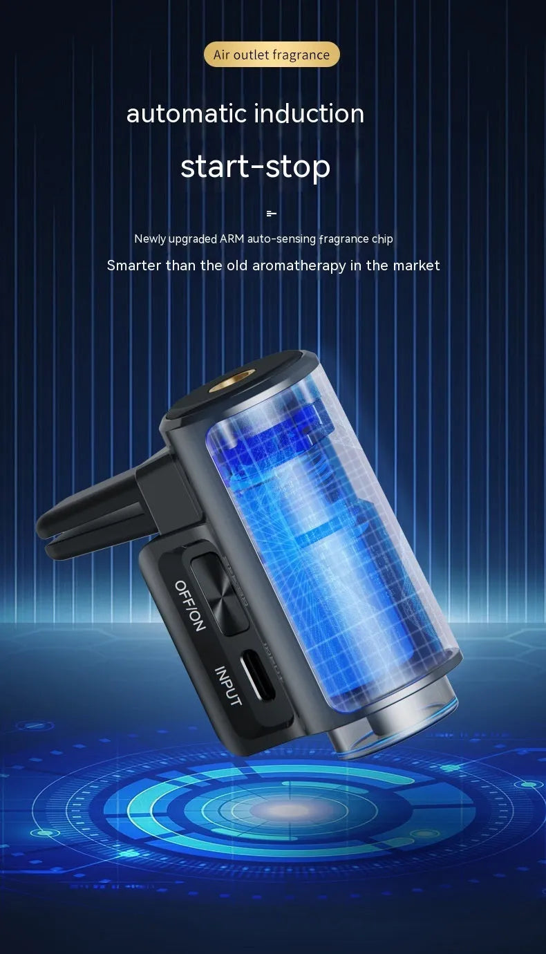 Smart car vent clip aroma diffuser in obsidian black with three bottles of essential oil