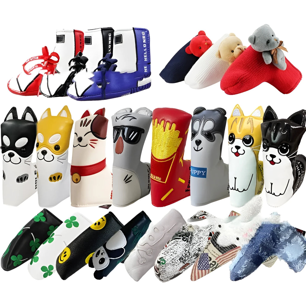 Golf putter protective sleeve in various designs including clover, animal and novelty patterns