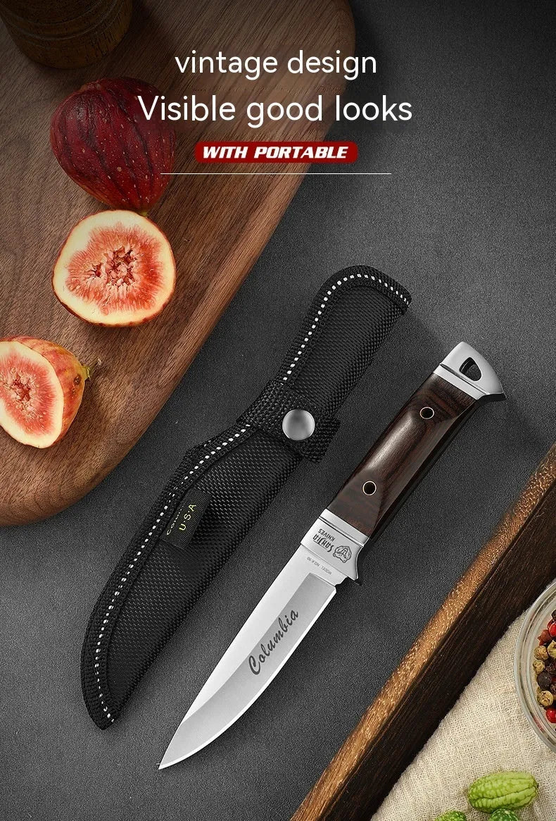 Camping fruit knife with stainless steel blade, national style design, and leather protective case