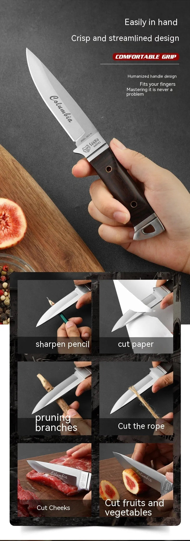 Camping fruit knife with stainless steel blade, national style design, and leather protective case