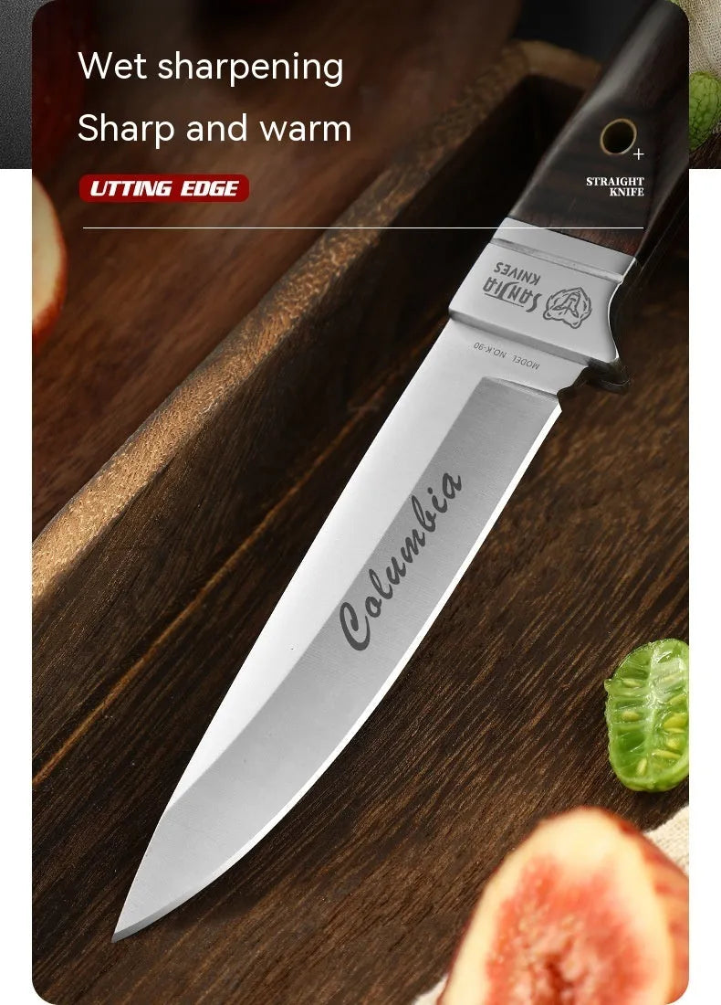 Camping fruit knife with stainless steel blade, national style design, and leather protective case