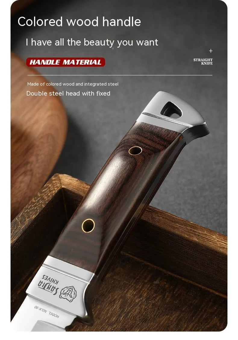Camping fruit knife with stainless steel blade, national style design, and leather protective case