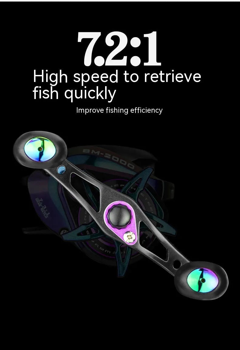 BM2000 fishing spinning reel with magnetic brake in water drop colour, showing left-hand and right-hand model options.