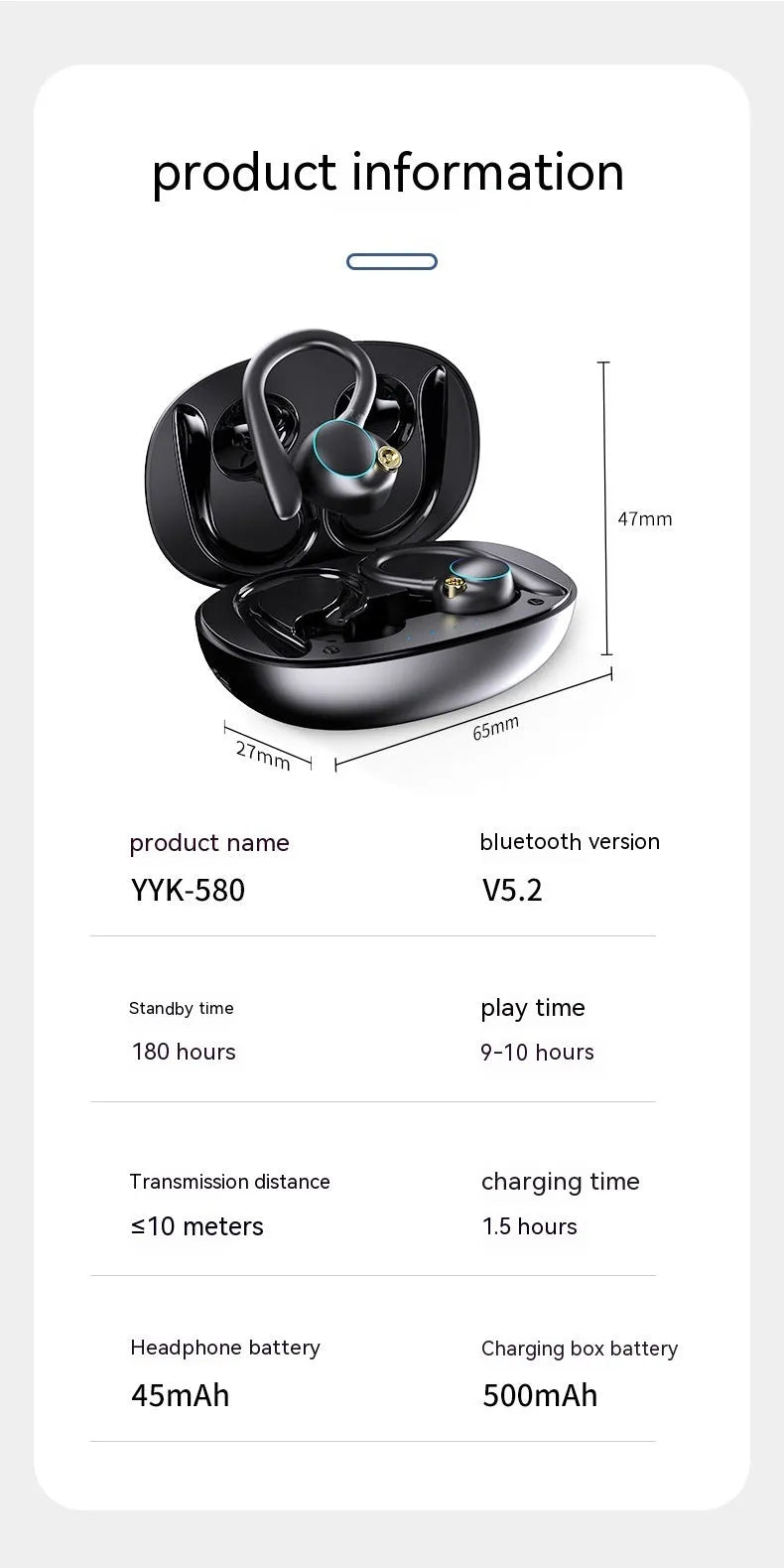 Black PC ABS in-ear Bluetooth headset with ear hook and digital display