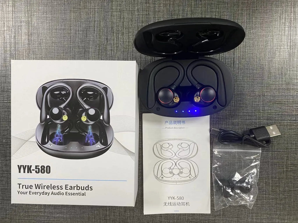 Black PC ABS in-ear Bluetooth headset with ear hook and digital display