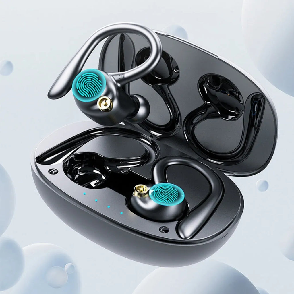Black PC ABS in-ear Bluetooth headset with ear hook and digital display