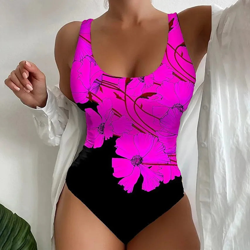 Women's orange red 3D printed one-piece swimsuit with lycra lining for swimming.