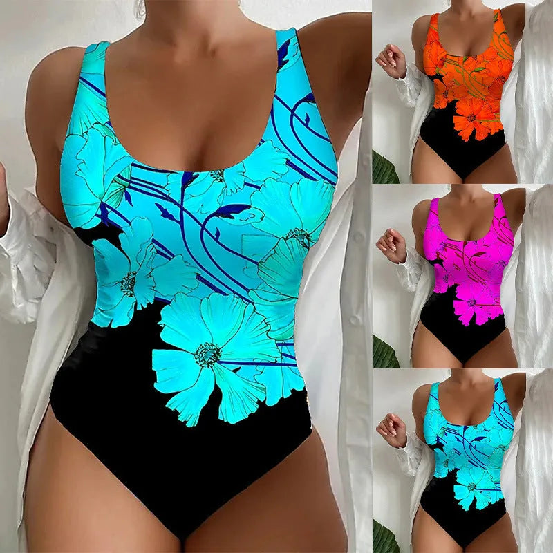 Women's orange red 3D printed one-piece swimsuit with lycra lining for swimming.