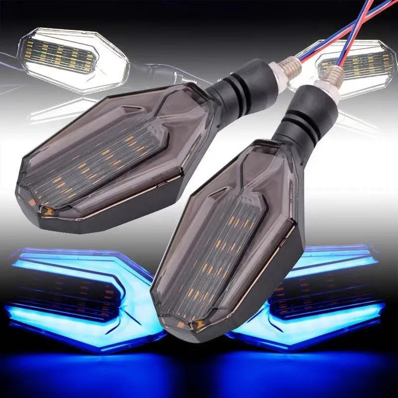 Motorcycle two-colour LED steering indicator signal set with light guide technology