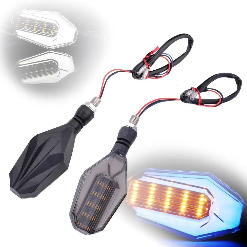 Motorcycle two-colour LED steering indicator signal set with light guide technology