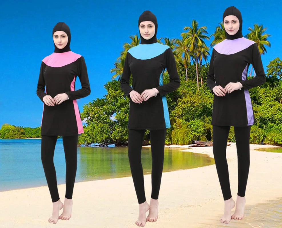 Conservative long sleeve hooded swimsuit for women in black with coloured trim