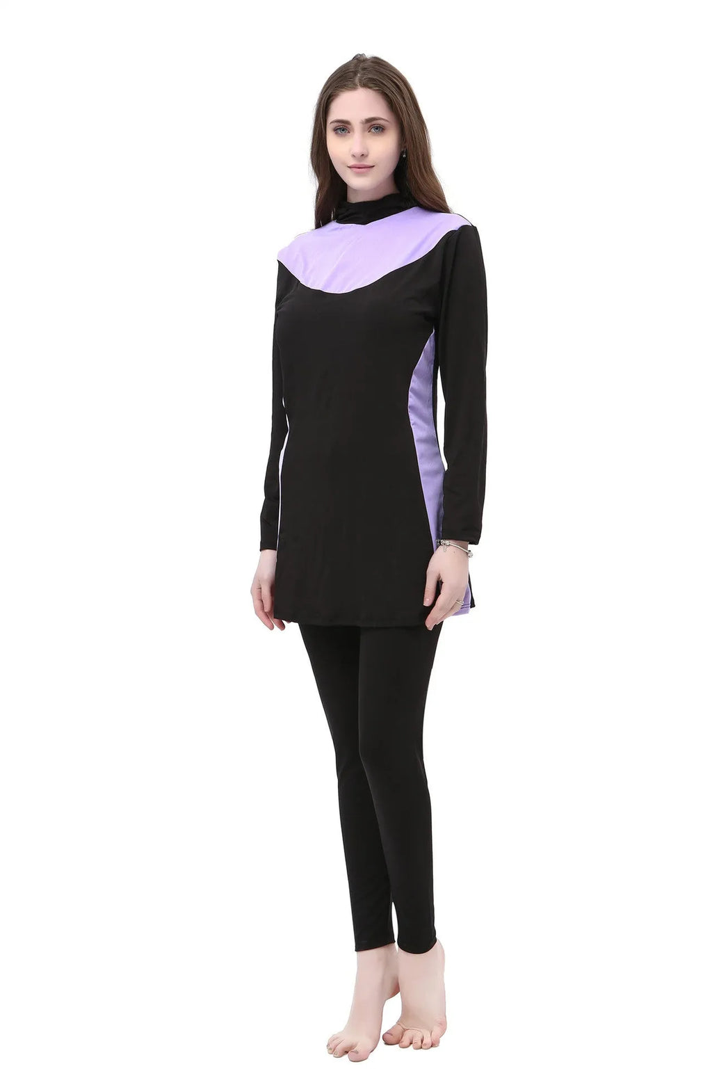 Conservative long sleeve hooded swimsuit for women in black with coloured trim